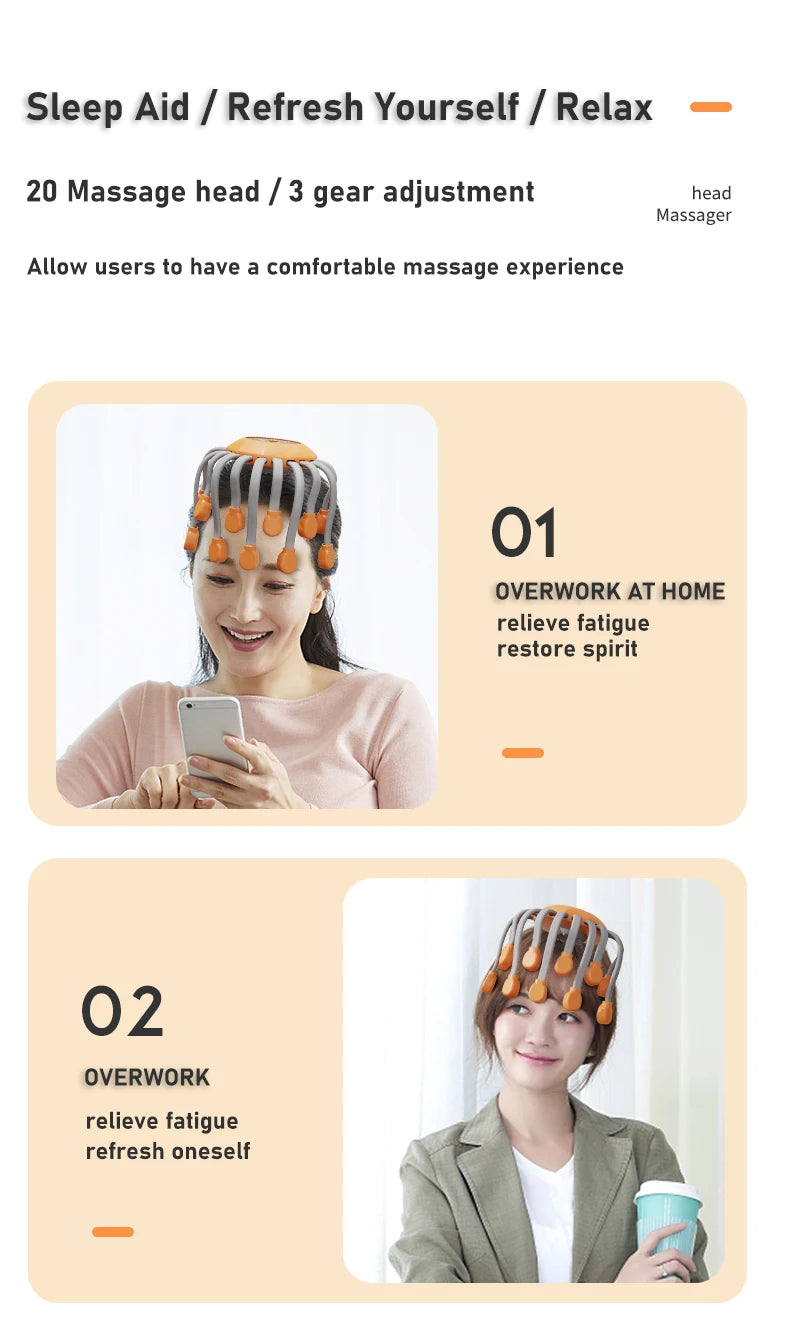 20Massage Heads Orange Scalp Head Massager Red Light Vibrator Octopus Scratcher For Relaxation Stress Migraine