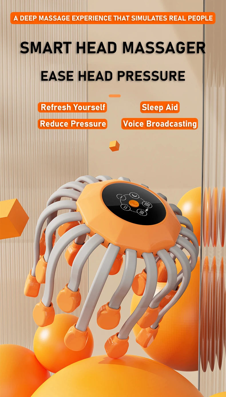 20Massage Heads Orange Scalp Head Massager Red Light Vibrator Octopus Scratcher For Relaxation Stress Migraine